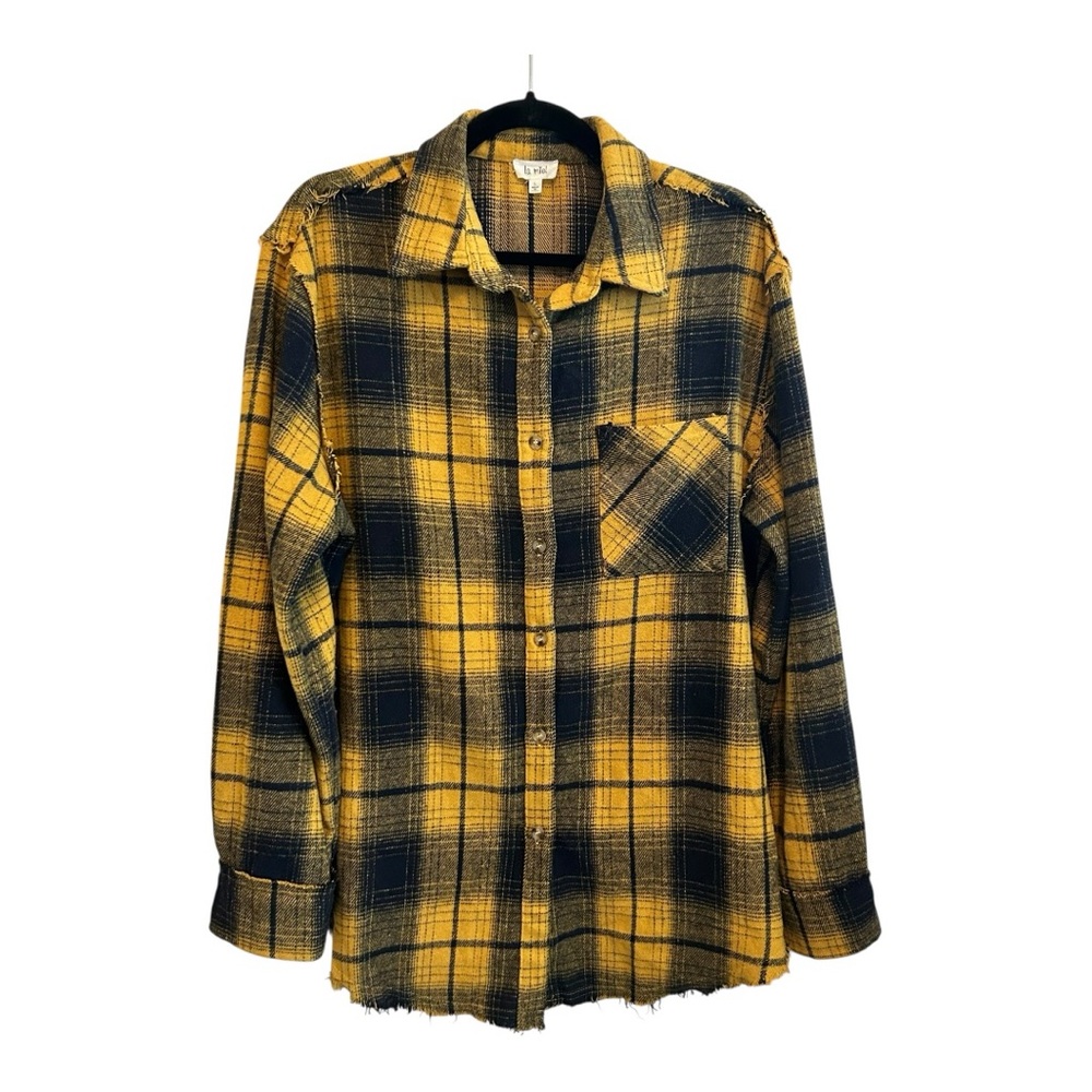 La Miel Yellow and Black Plaid Flannel Button Down Size Large